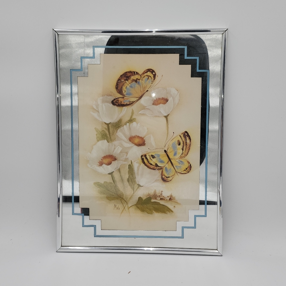1970s Vintage picture Mirror Marsel butterfly butterflies & Flowers 12" x 16"